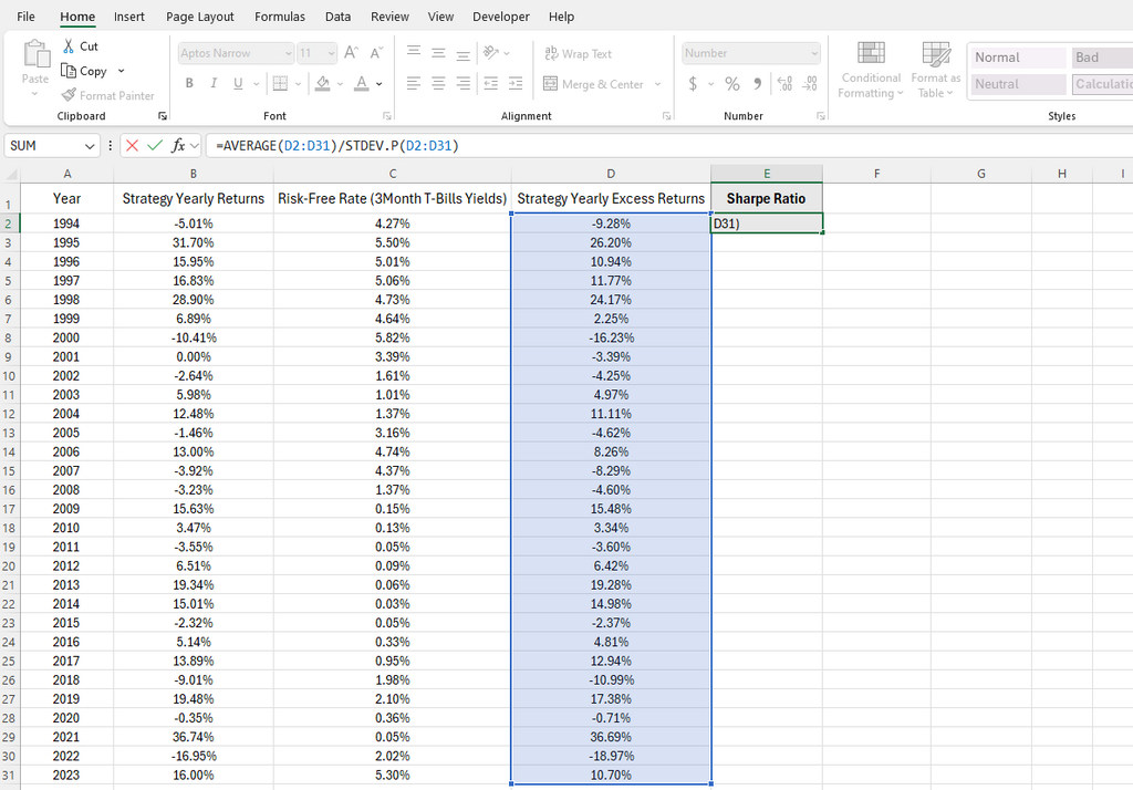 sharpe ratio calculation in Excel