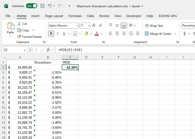 maximum drawdown calculation Excel